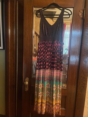 Boho Tiered Maxi Dress with Black Bodice and Multicolor Skirt